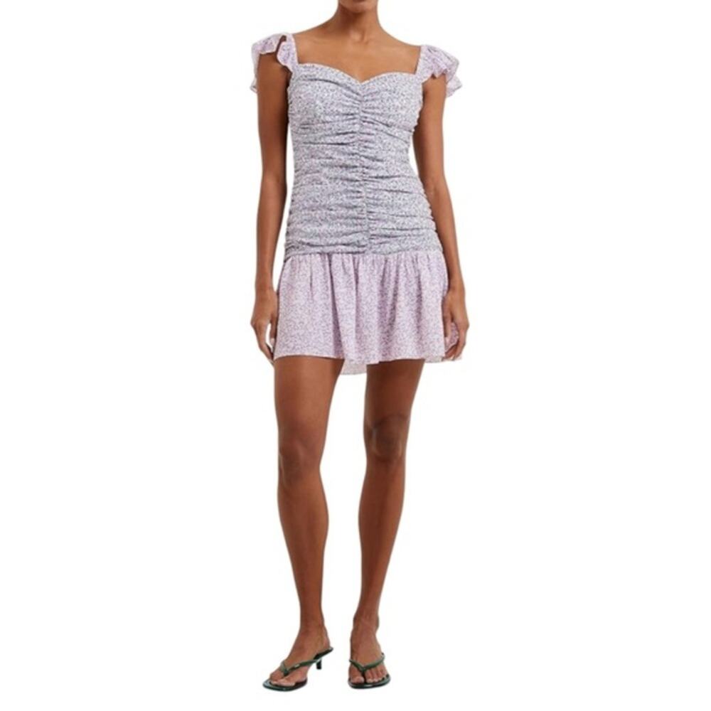 French Connection Sheer Lilac Floral Mini Dress Size 2 Smocked Ruffle Hem NWT
